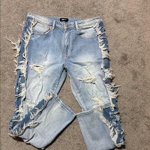 Fashion Nova Light Blue Distressed Straight Jeans with Fringe Side Panels